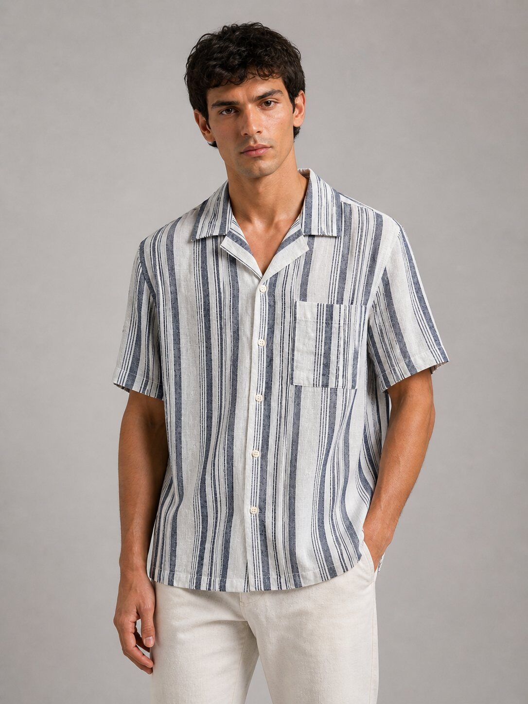 Wholesaler FIVE EVER - Striped linen and cotton blouse