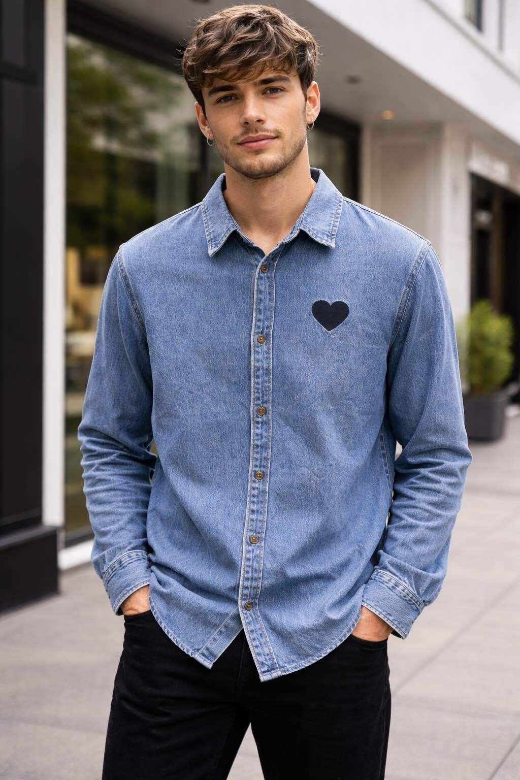 Großhändler FIVE EVER - Blaue Denim-Hemd mit Herzstickerei