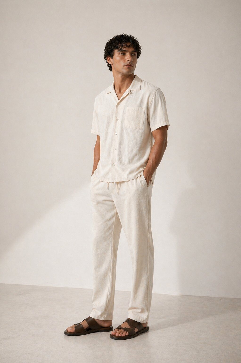 Grossista FIVE EVER - Completo estivo uomo testurizzato – camicia a maniche corte + pantaloni dritti – beige sabbia