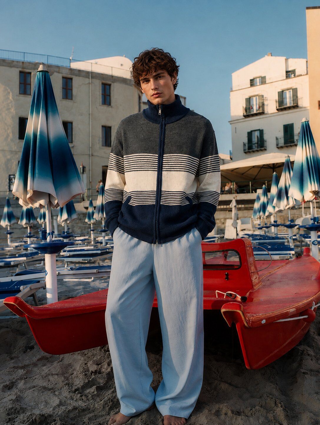 Grossista FIVE EVER - Gilet da uomo in maglia di ciniglia con fodera in pile – Collo alto – Righe a contrasto