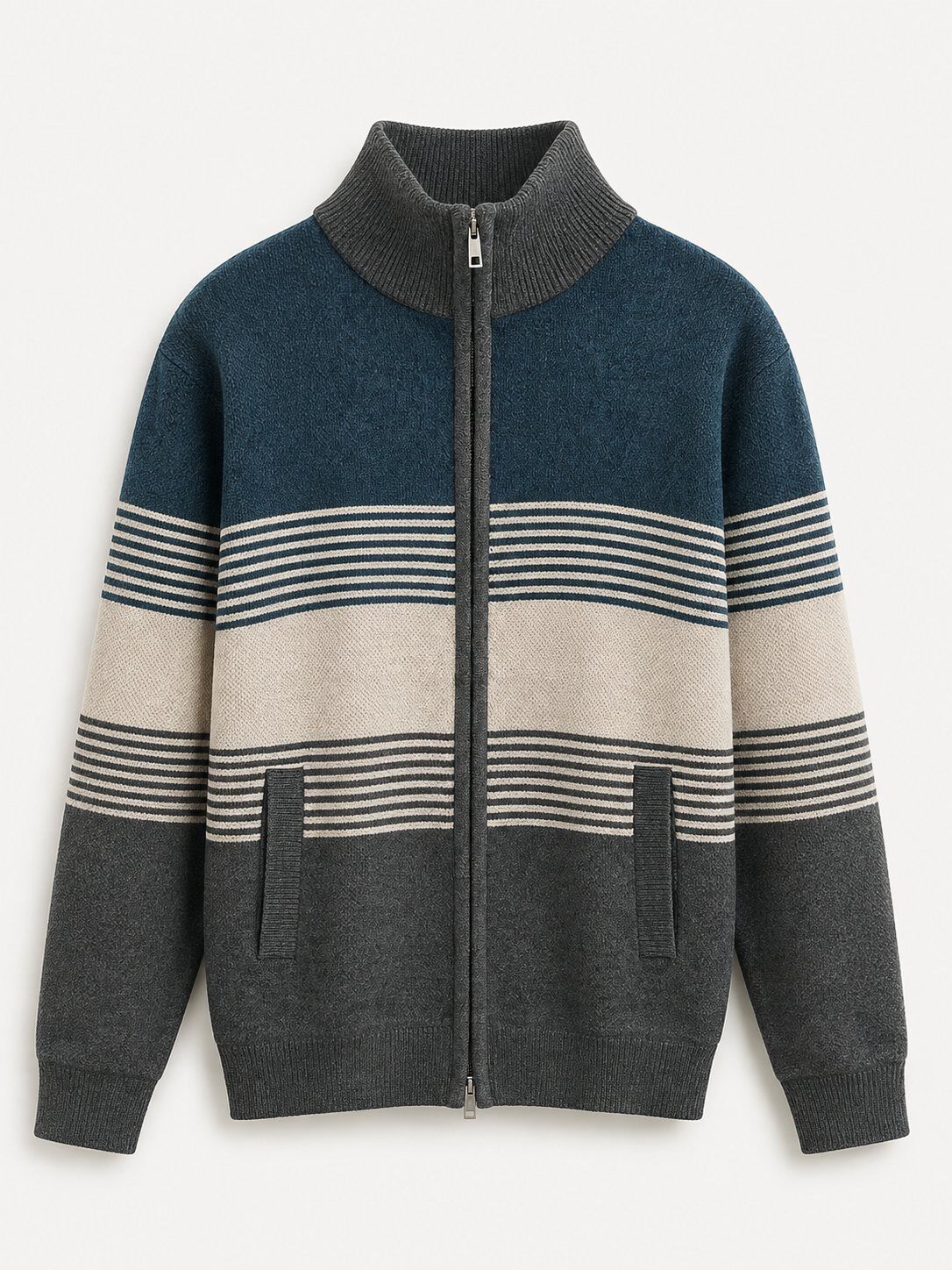 Wholesaler FIVE EVER - Men's zip-up chenille knit cardigan with fleece lining – High collar – Contrasting stripes