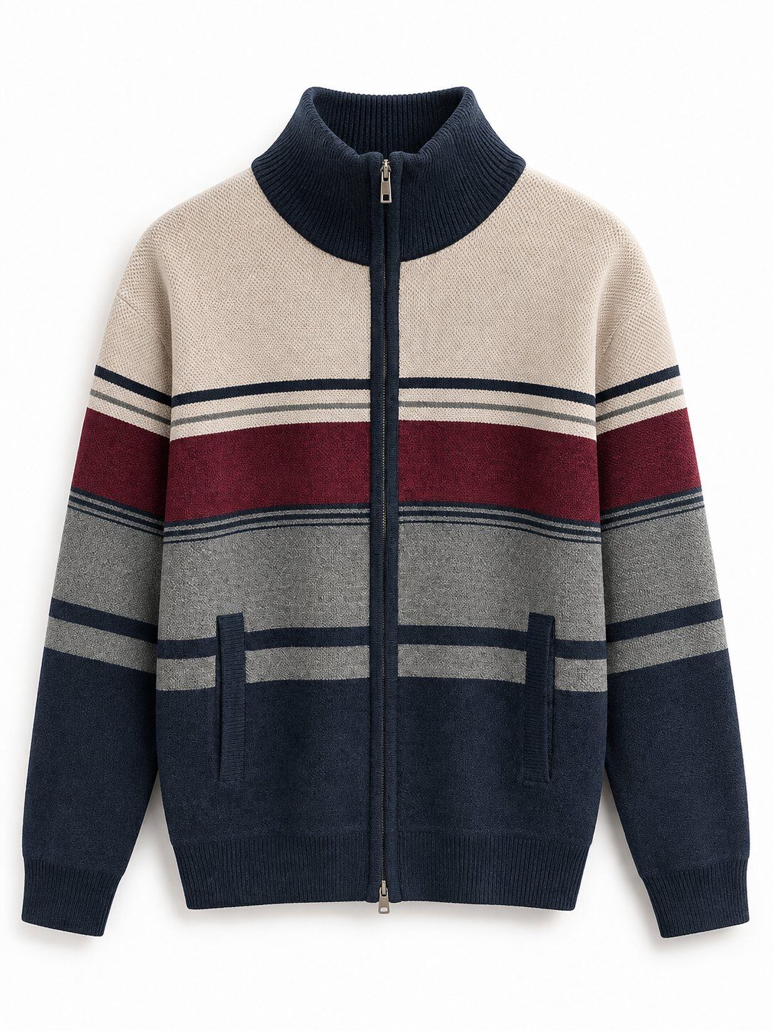 Grossista FIVE EVER - Cardigan da uomo con zip in maglia di ciniglia a righe – Collo alto – Tocco ultra morbido – INTERNO IN PILE