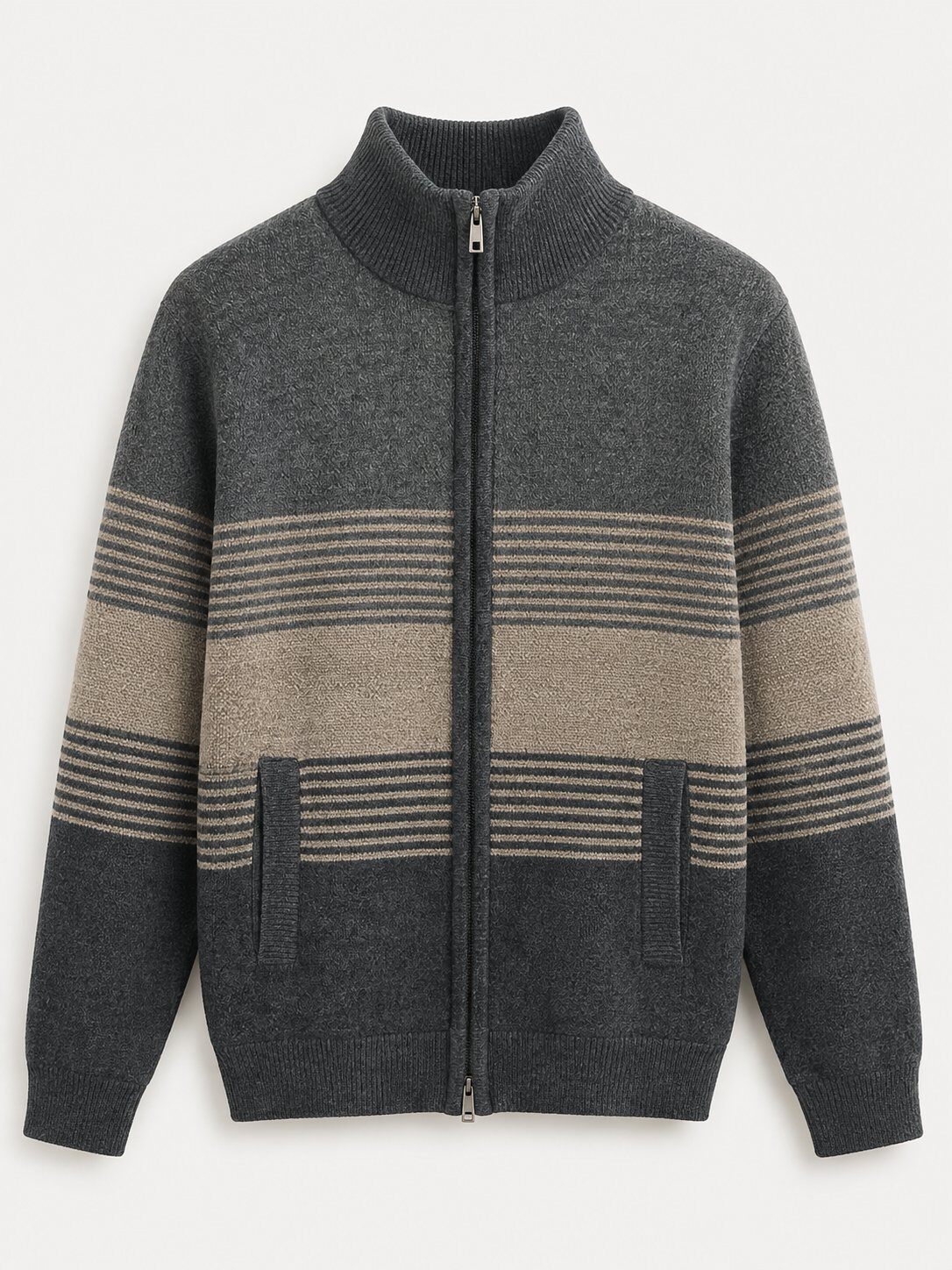 Wholesaler FIVE EVER - Men's zip-up chenille knit vest with fleece lining – High collar – Contrasting stripes