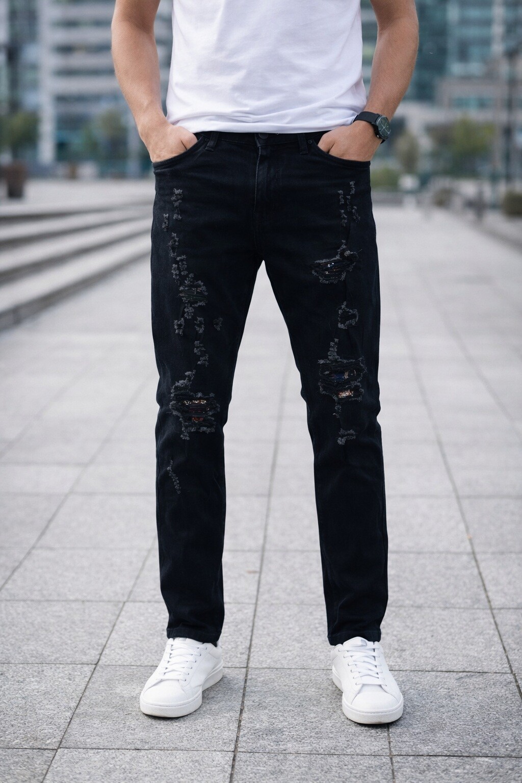 Mayorista FIVE EVER - JEANS de algodón SLIM FIT negro desgastado