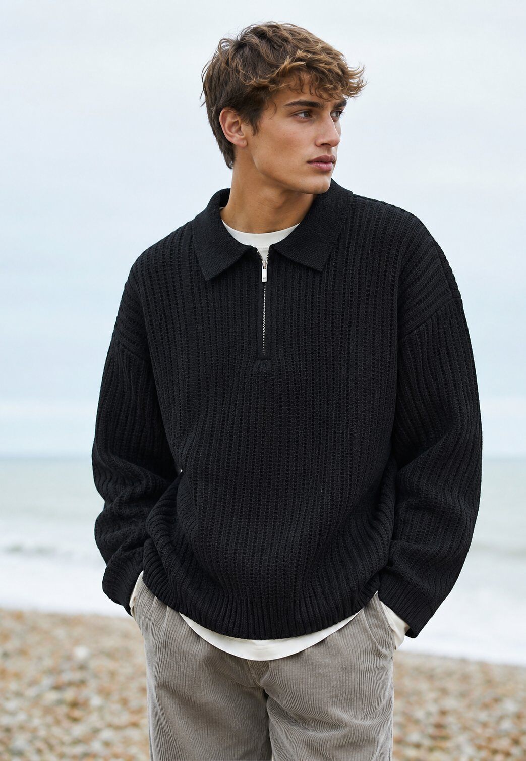 Grossiste FIVE EVER - Pull polo zippé en maille texturée