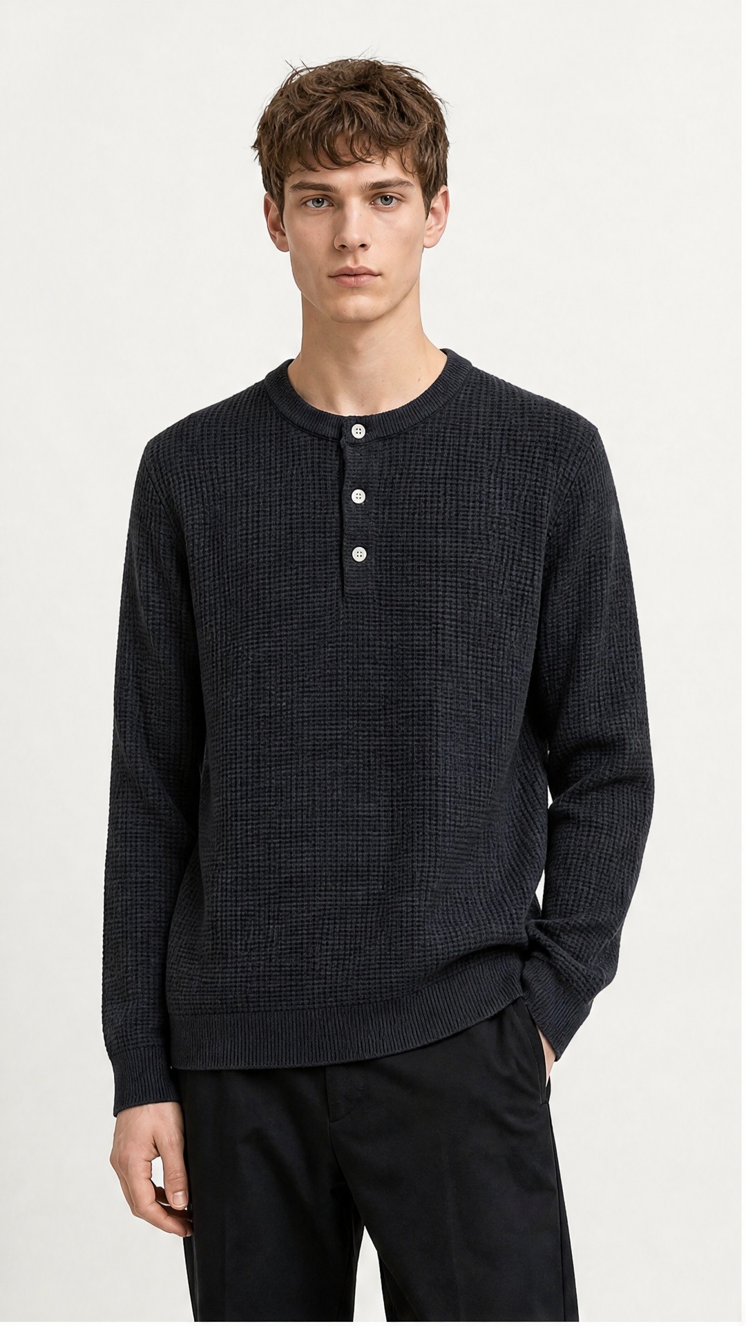 Großhändler FIVE EVER - Schwarzes Waffelstrick-Henley-Shirt