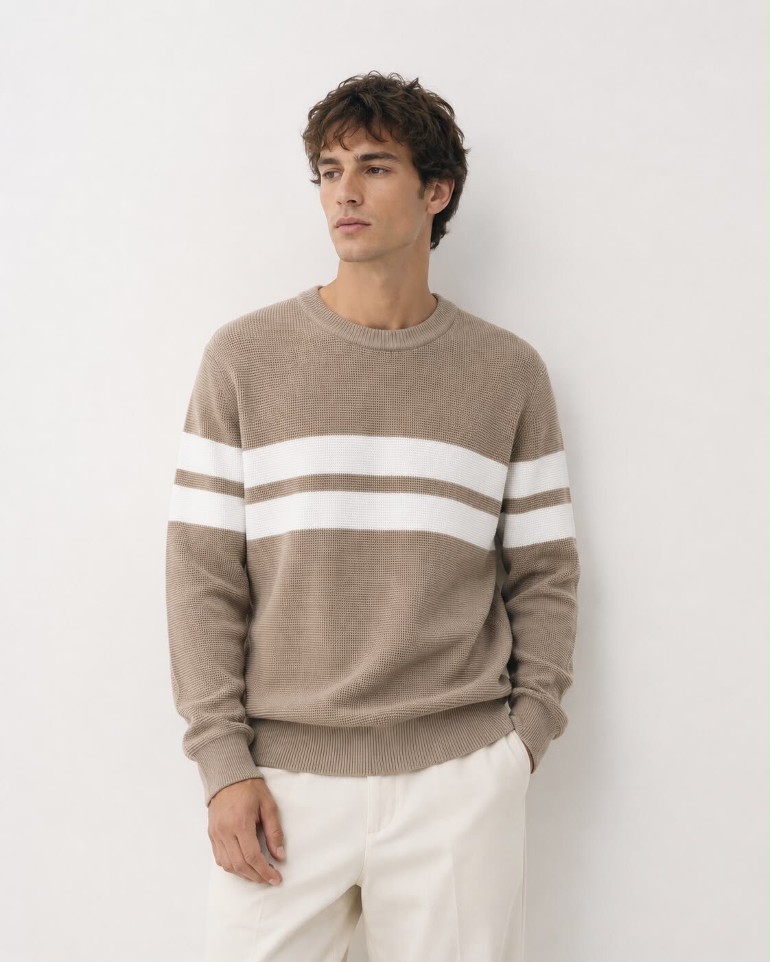 Grossiste FIVE EVER - Pull rayé beige et blanc