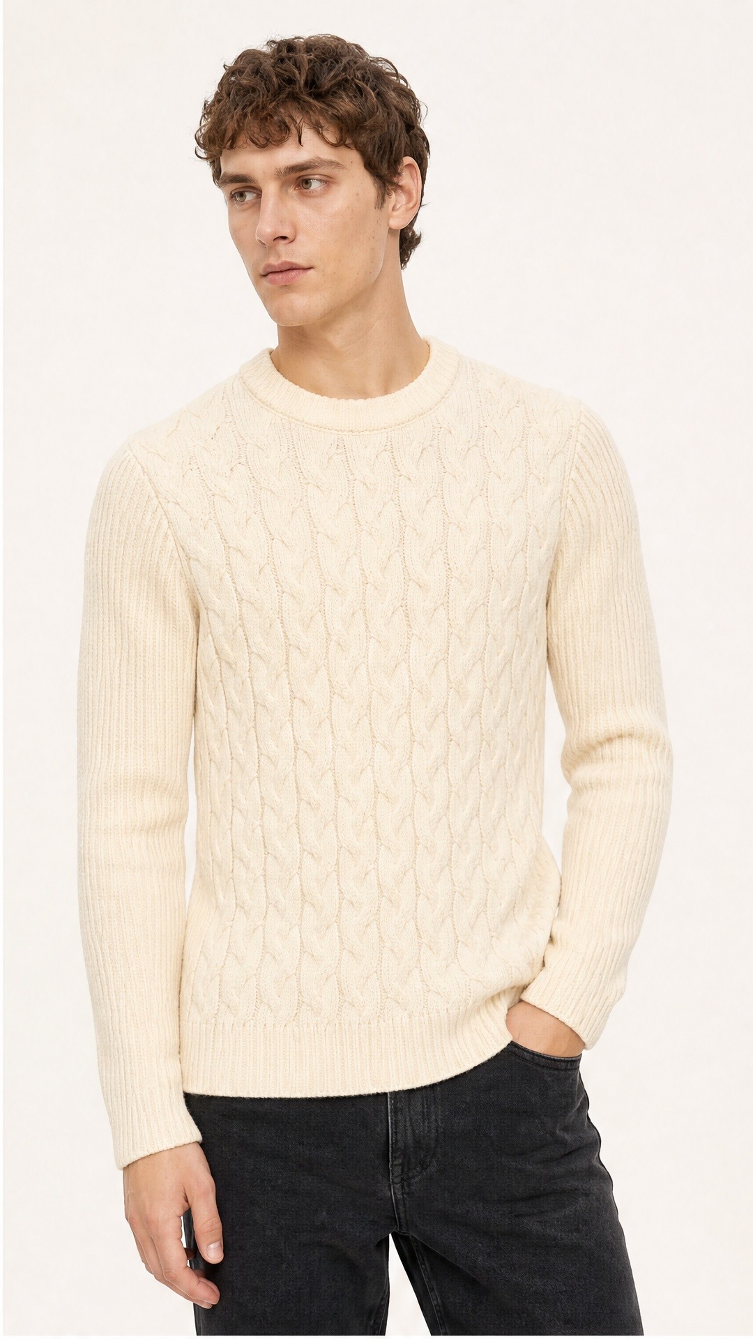 Großhändler FIVE EVER - Slim-Strickpullover mit Zopfmuster und Rundhalsausschnitt