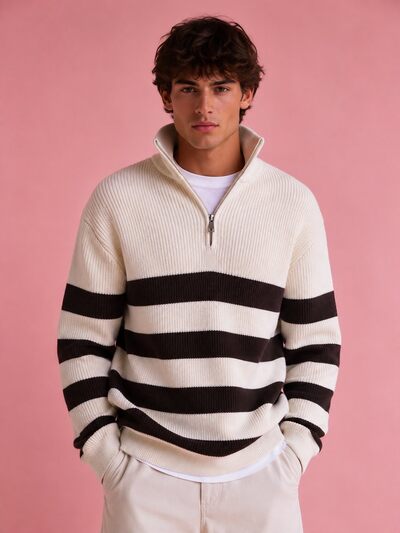 Mayorista FIVE EVER - Jersey de cuello alto con cremallera y rayas Mayorista FIVE EVER - Jersey de cuello alto con cremallera y rayas