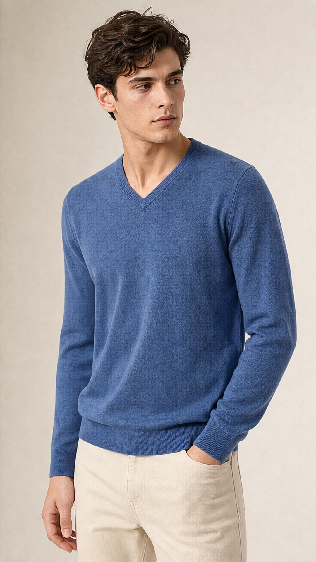 Wholesaler FIVE EVER - Blue V-neck - soft-touch knit
