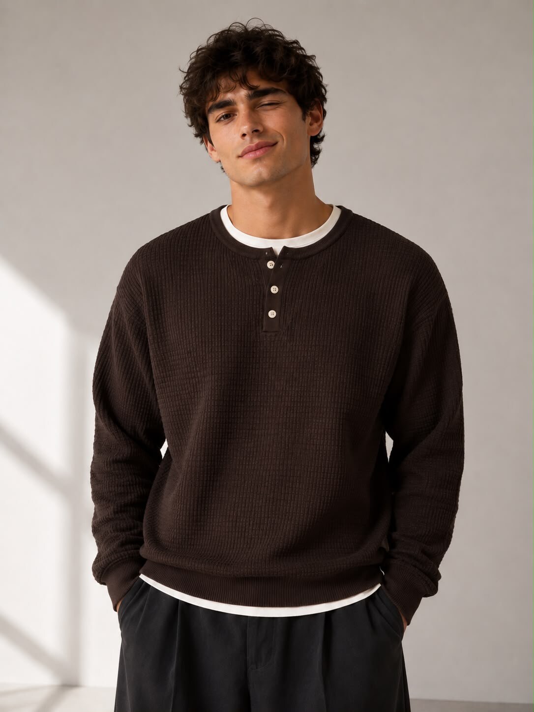 Wholesaler FIVE EVER - Waffle Knit Henley Sweater