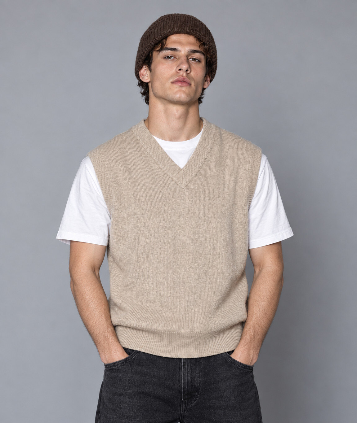 Grossiste FIVE EVER - Pull sans manches col V - Beige