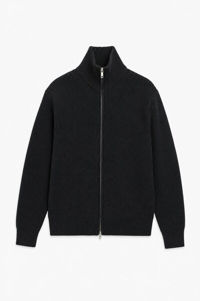 Mayorista FIVE EVER - Cárdigan de punto canalé con cremallera y cuello vuelto Mayorista FIVE EVER - Cárdigan de punto canalé con cremallera y cuello vuelto