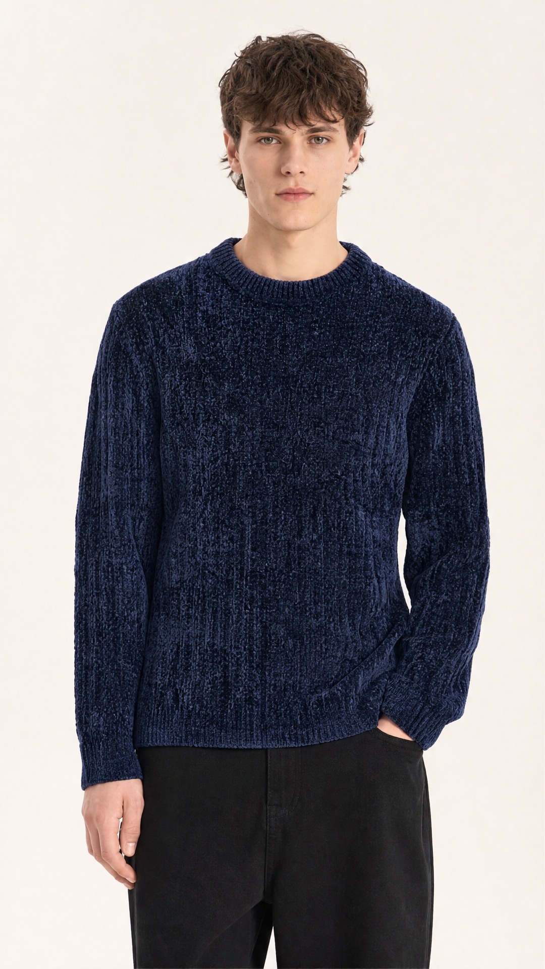 Großhändler FIVE EVER - Marineblauer Chenille Rundhals-Pullover