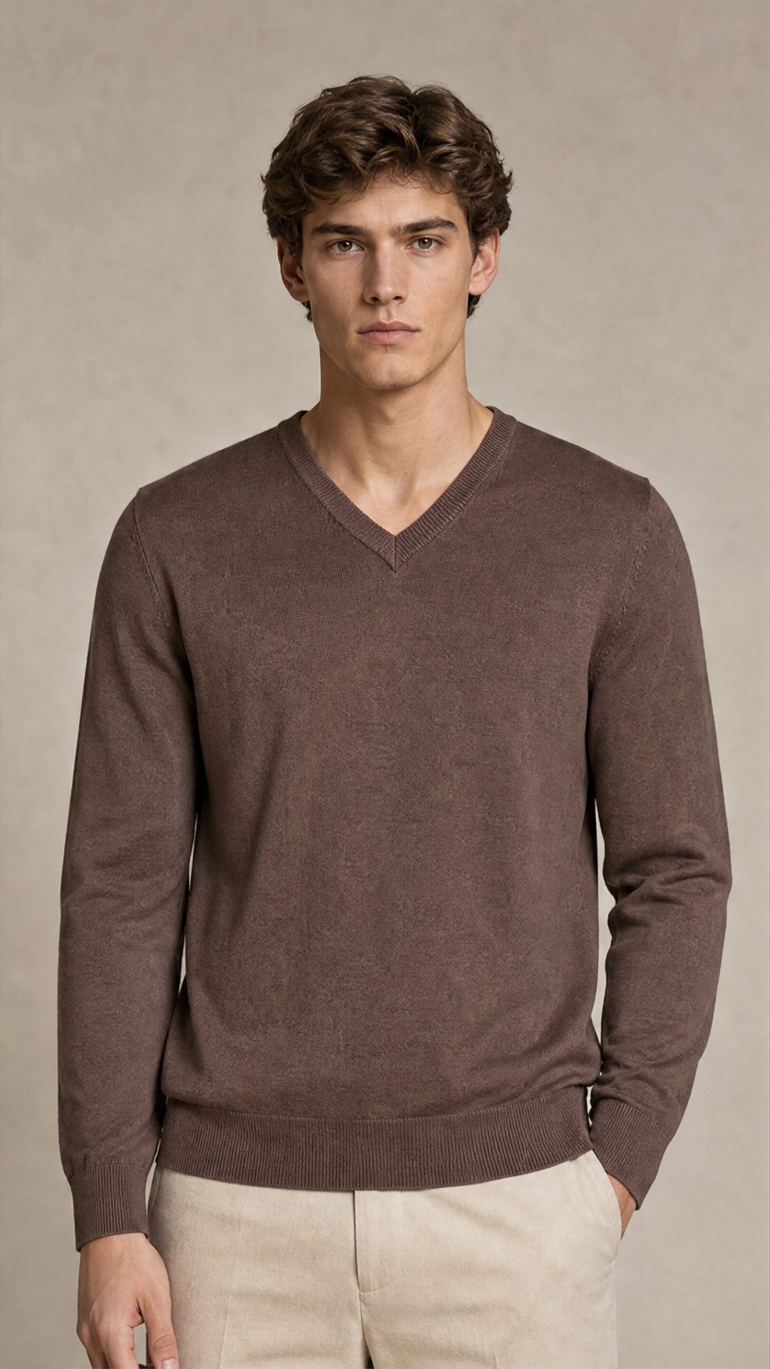 Grossista FIVE EVER - Maglione marrone con scollo a V