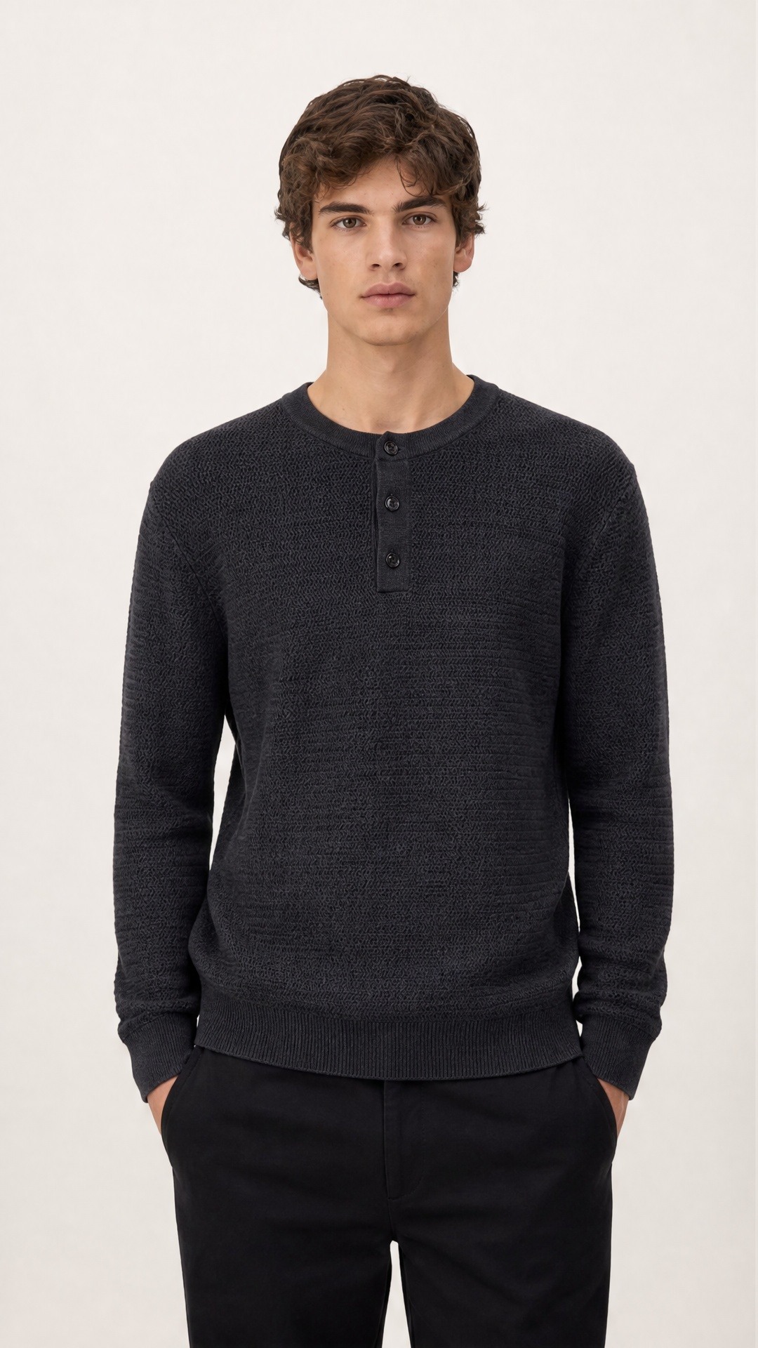 Großhändler FIVE EVER - Schwarzer Waffel-Henley-Pullover