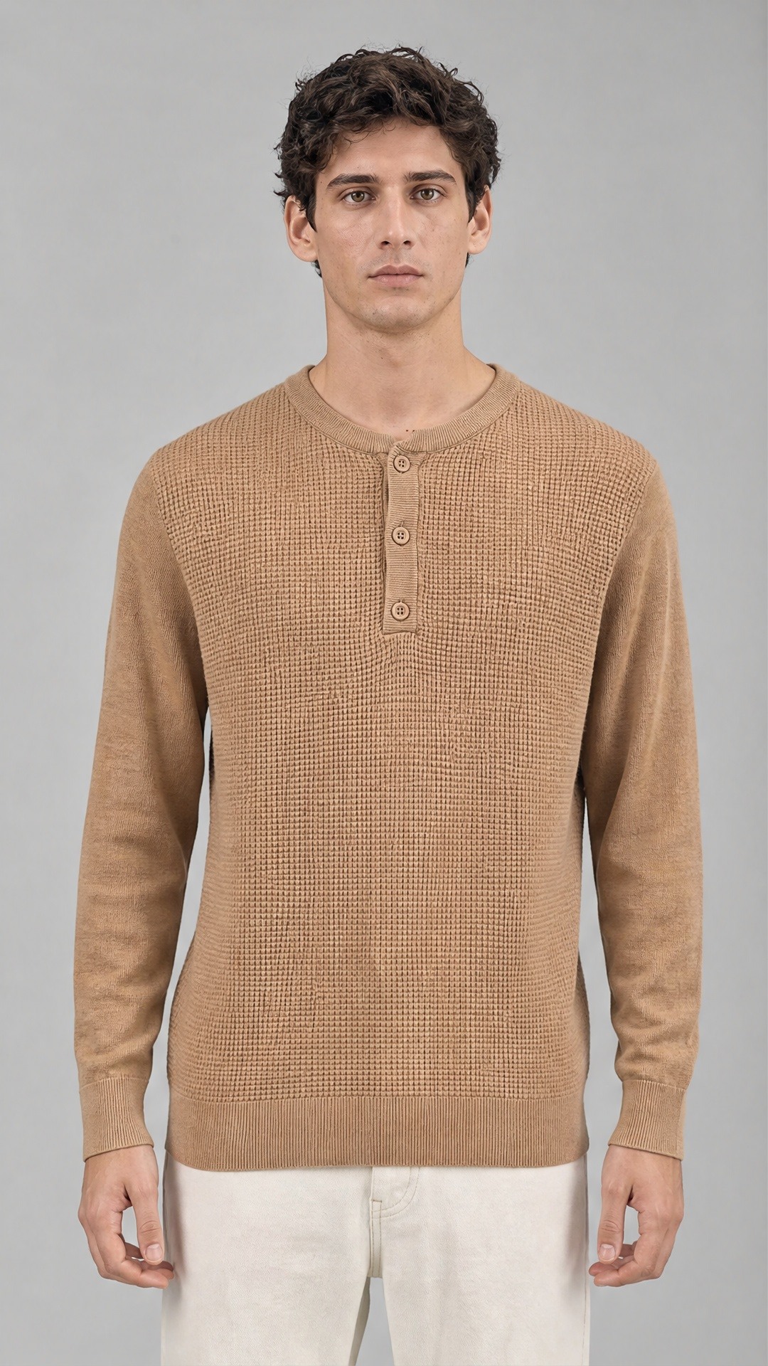Grossista FIVE EVER - Maglia henley a nido d'ape camel