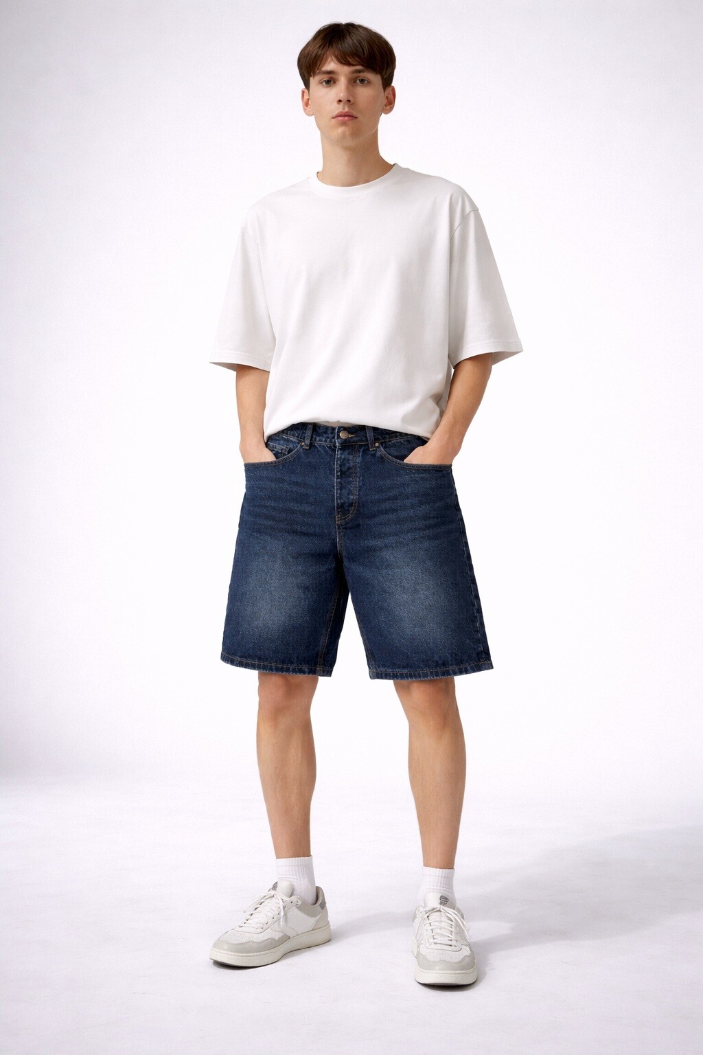 Wholesaler FIVE EVER - Dark blue baggy denim Bermuda shorts 100% cotton