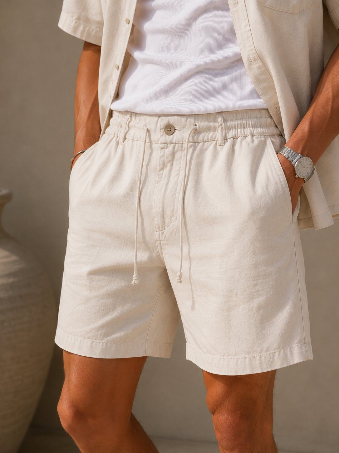 Grossista FIVE EVER - Shorts a vita elastica con cordoncino écru