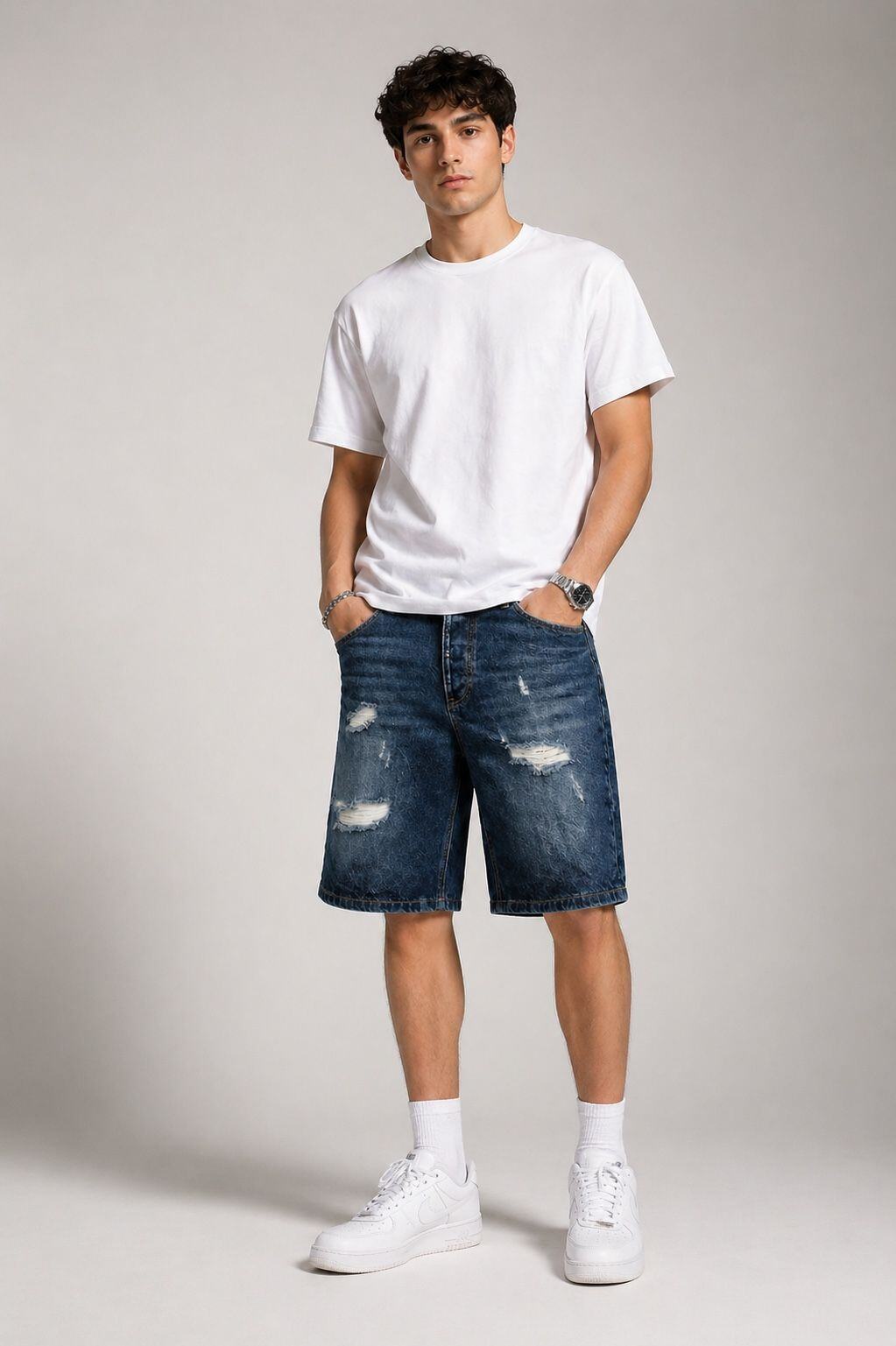 Großhändler FIVE EVER - Dunkel gewaschene blaue Jeans-Bermuda-Shorts im leicht baggy Stil