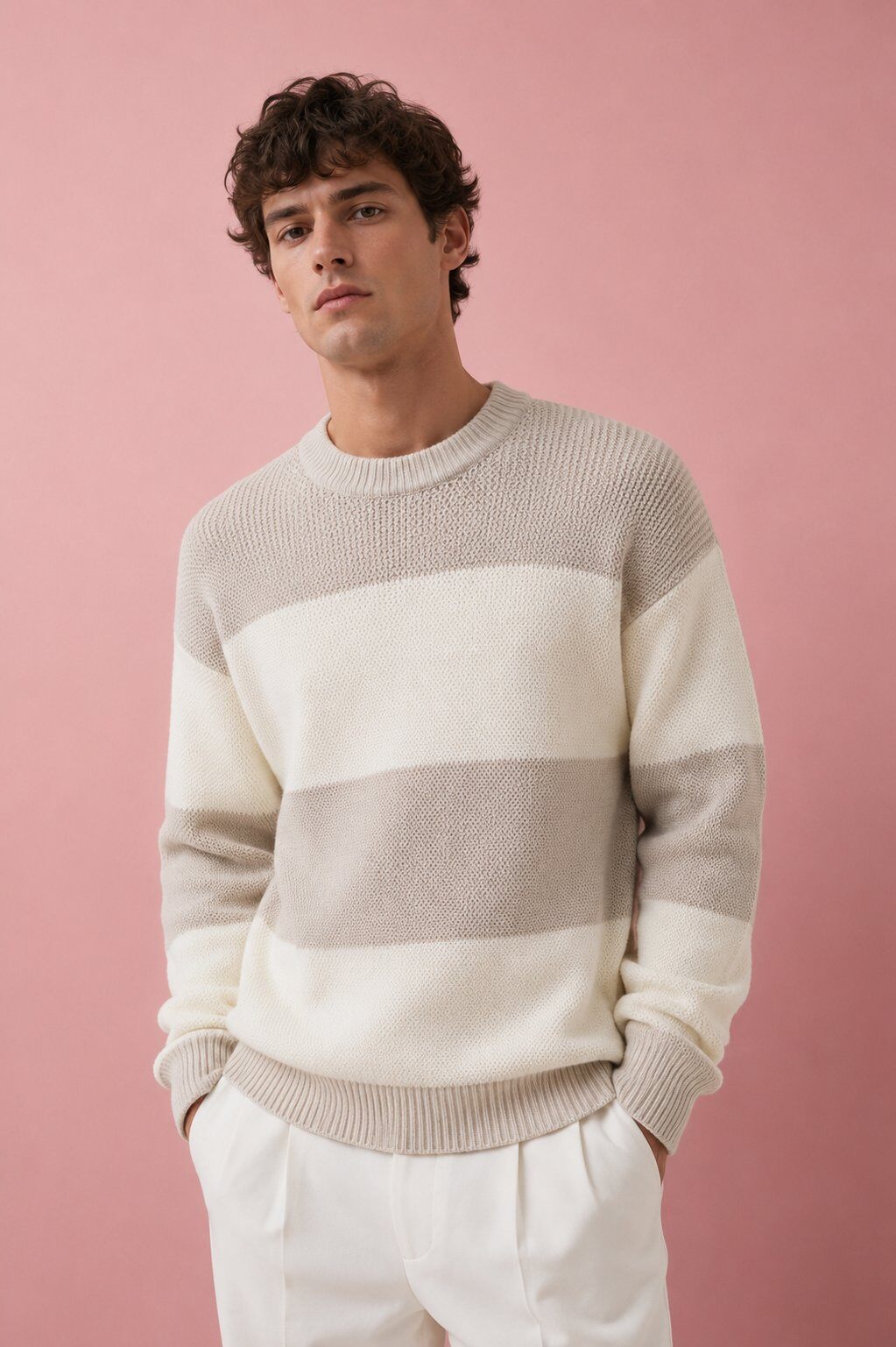 Mayorista FIVE EVER - Suéter Aspen Knit de punto texturizado con anchas rayas en crudo y beige