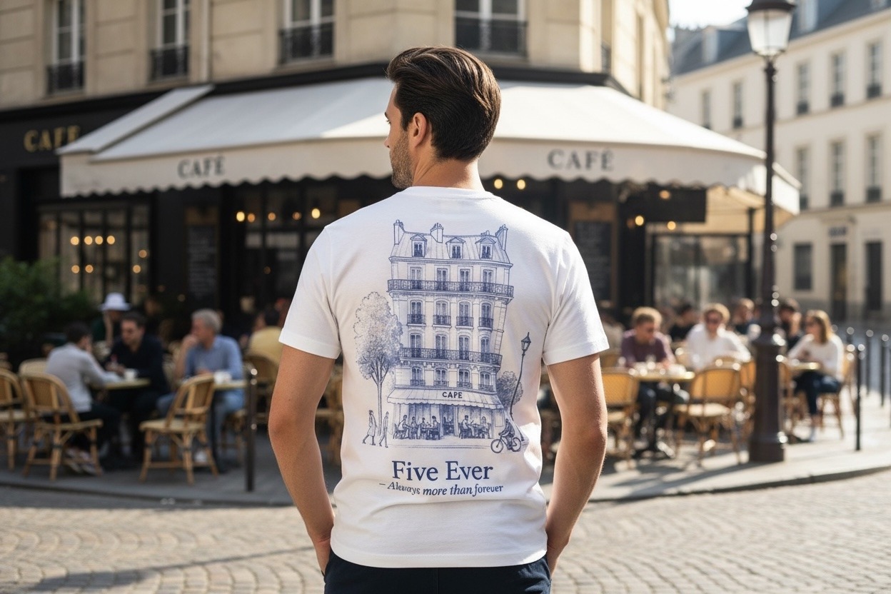 Großhändler FIVE EVER - Hochwertiges Baumwoll-T-SHIRT, weich und dick, vorne und hinten bedruckt
