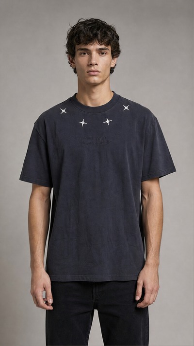 Wholesaler FIVE EVER - Star Embroidered Crewneck T-Shirt Wholesaler FIVE EVER - Star Embroidered Crewneck T-Shirt