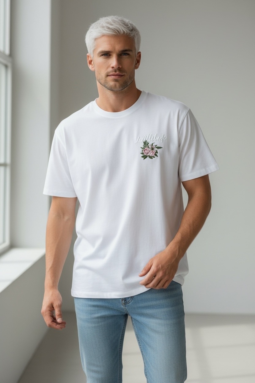 Wholesaler FIVE EVER - Oversized 100% COTTON T-shirt with embroidered flower attitude