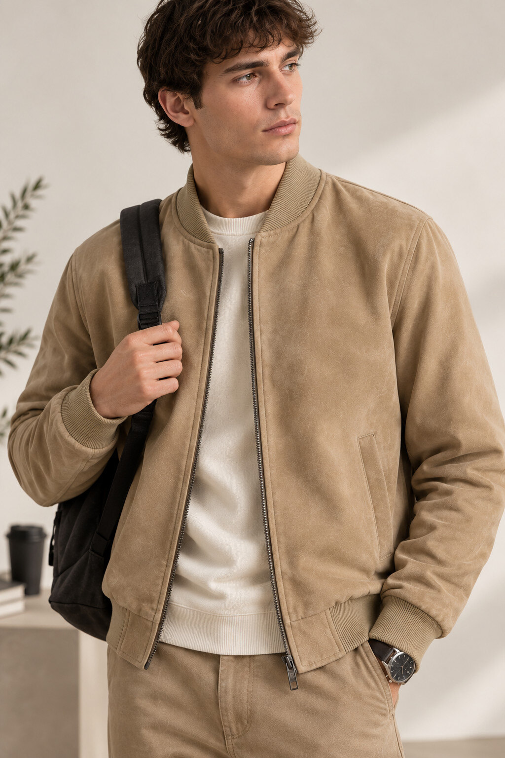 Grossiste FIVE EVER - Blouson bomber camel effet suédine