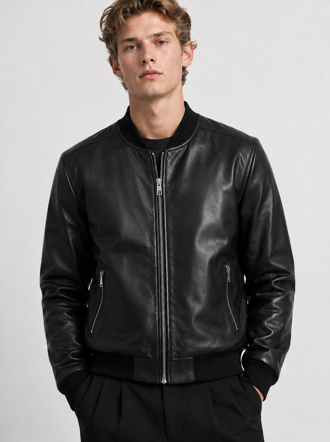 Wholesaler FIVE EVER - Zip-up leather bomber jacket