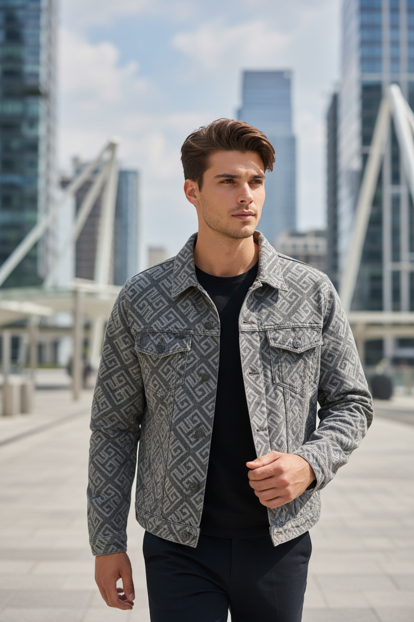 Großhändler FIVE EVER - Jeansjacke mit grauem geometrischem Muster