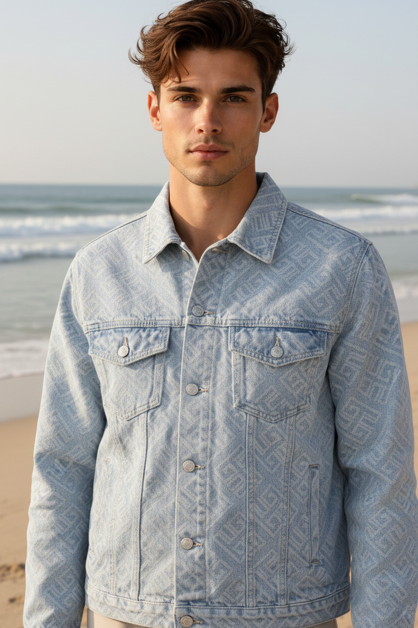 Großhändler FIVE EVER - Jeansjacke mit hellblauem geometrischem Muster