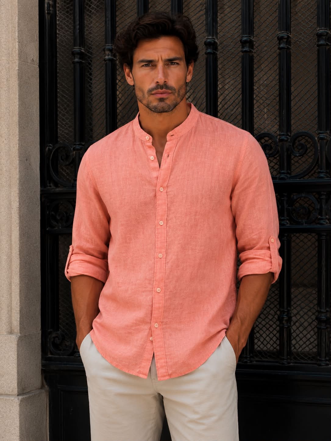 Wholesaler Forbest - Men's Long Sleeve Mandarin Collar 100% LINEN Shirt