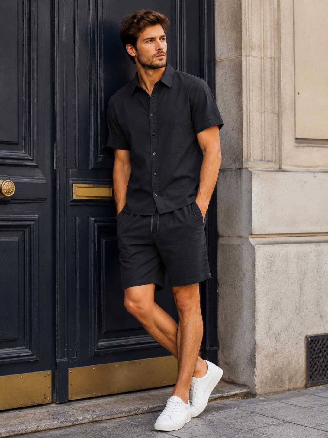Großhändler Forbest - Herren-Set aus einfarbigem Baumwollhemd und Shorts