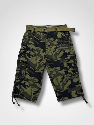 Großhändler Forbest - Caprihose aus 100% Baumwolle mit Gürtel im Camouflage-Muster Großhändler Forbest - Caprihose aus 100% Baumwolle mit Gürtel im Camouflage-Muster