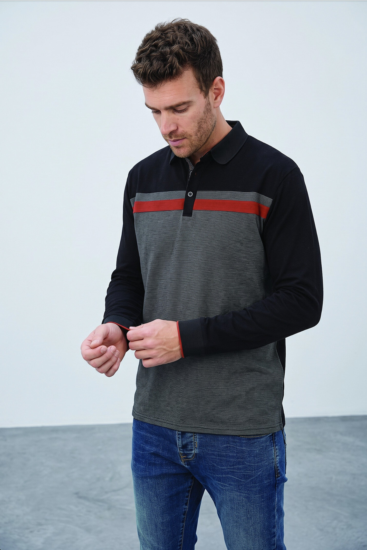 Grossiste FRANCE DENIM - Polo manches longues bimatière jersey/microstripes