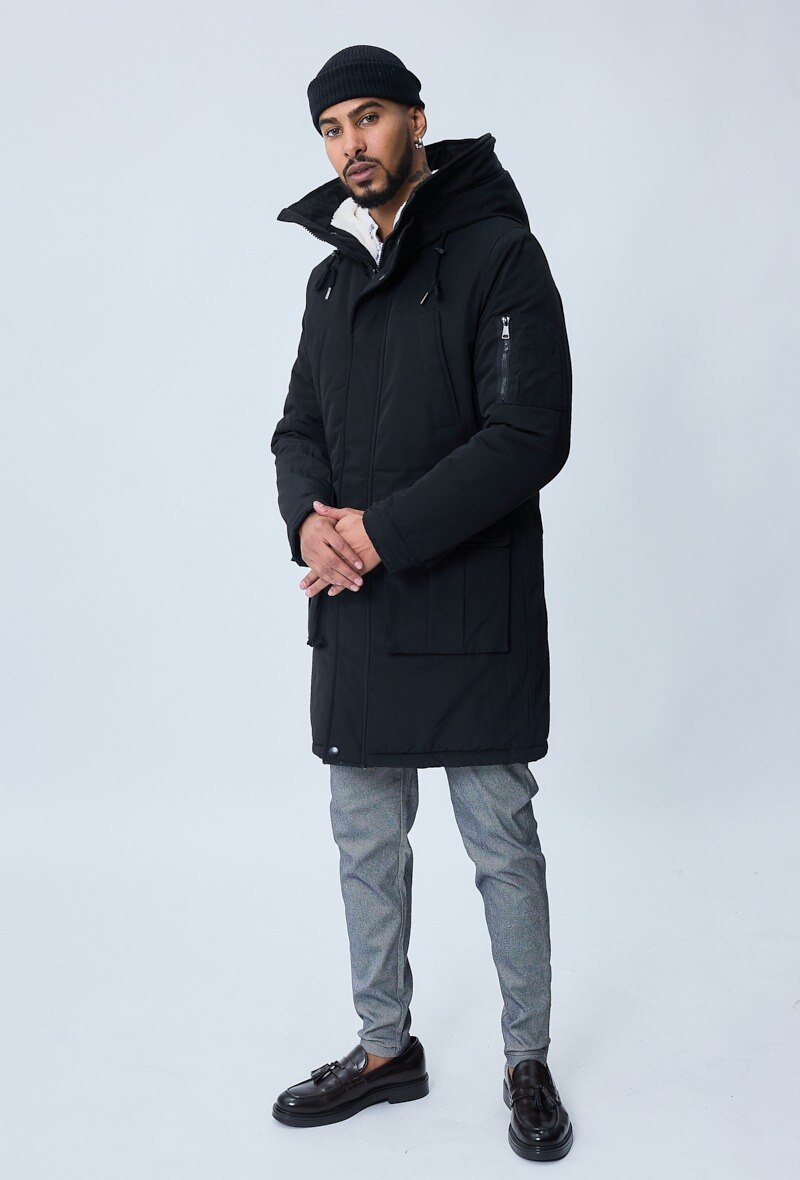 Parka mi-longue à capuche doublure moutonnée - Noir 4 - miniature
