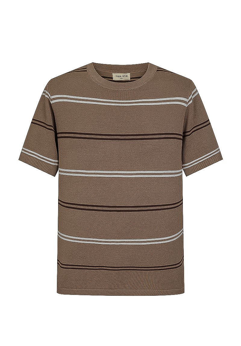 Grossiste Frilivin - T-shirt camel en maille avec des rayures