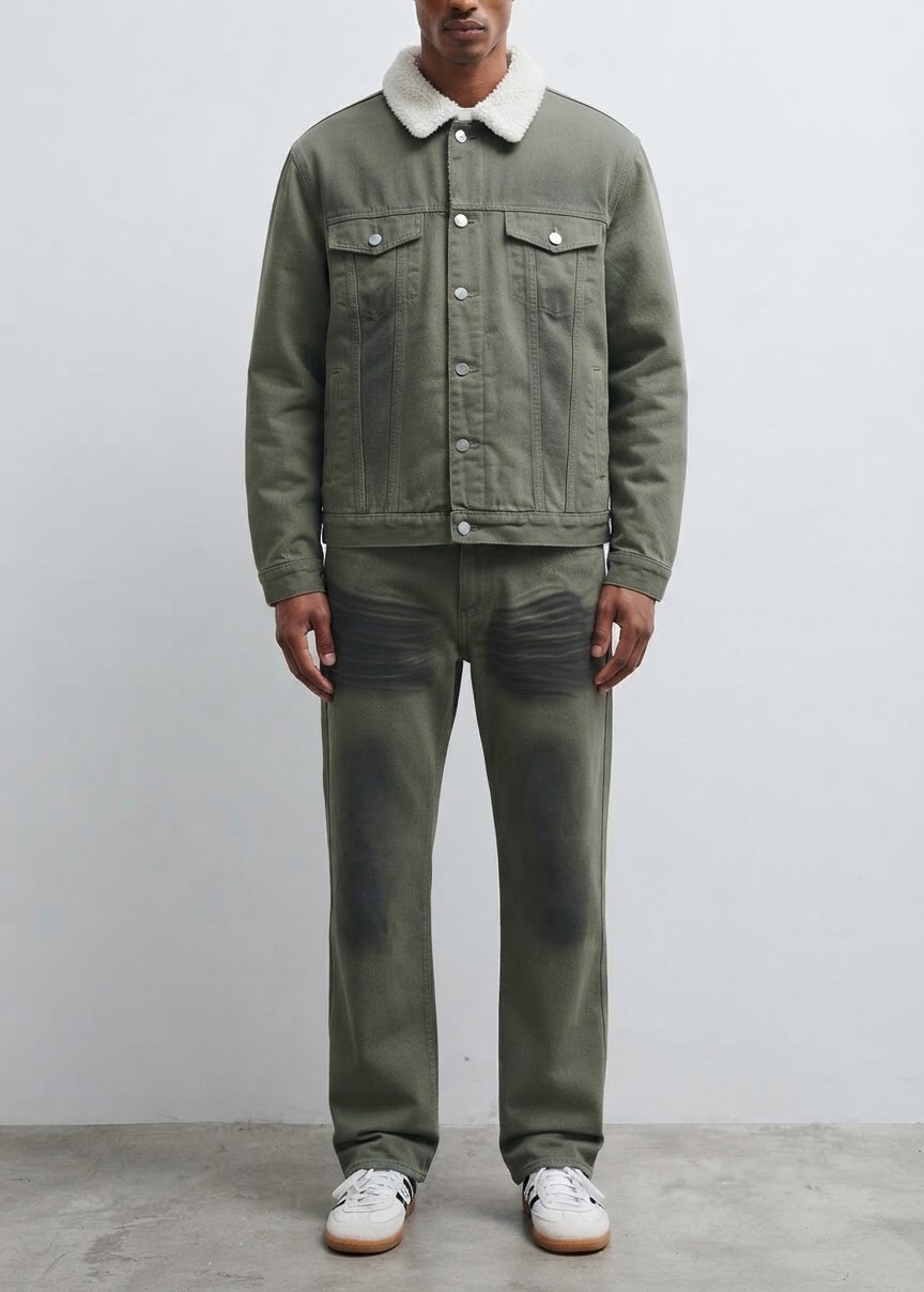 Großhändler FUSIONAL / JOHN H - Jeansjacke mit Sherpa-Kragen und gefütterte Hose im Used-Look
