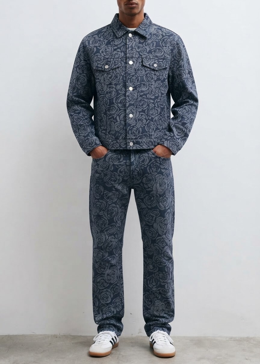 Großhändler FUSIONAL / JOHN H - Jeansjacke und Hose Set mit Rosenmuster