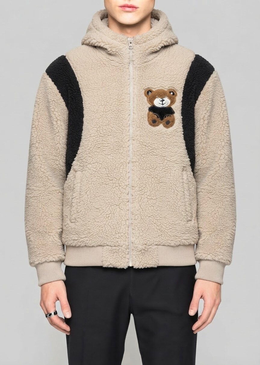 Grossiste FUSIONAL / JOHN H - Veste zippée en sherpa à capuche avec patchs ours brodés