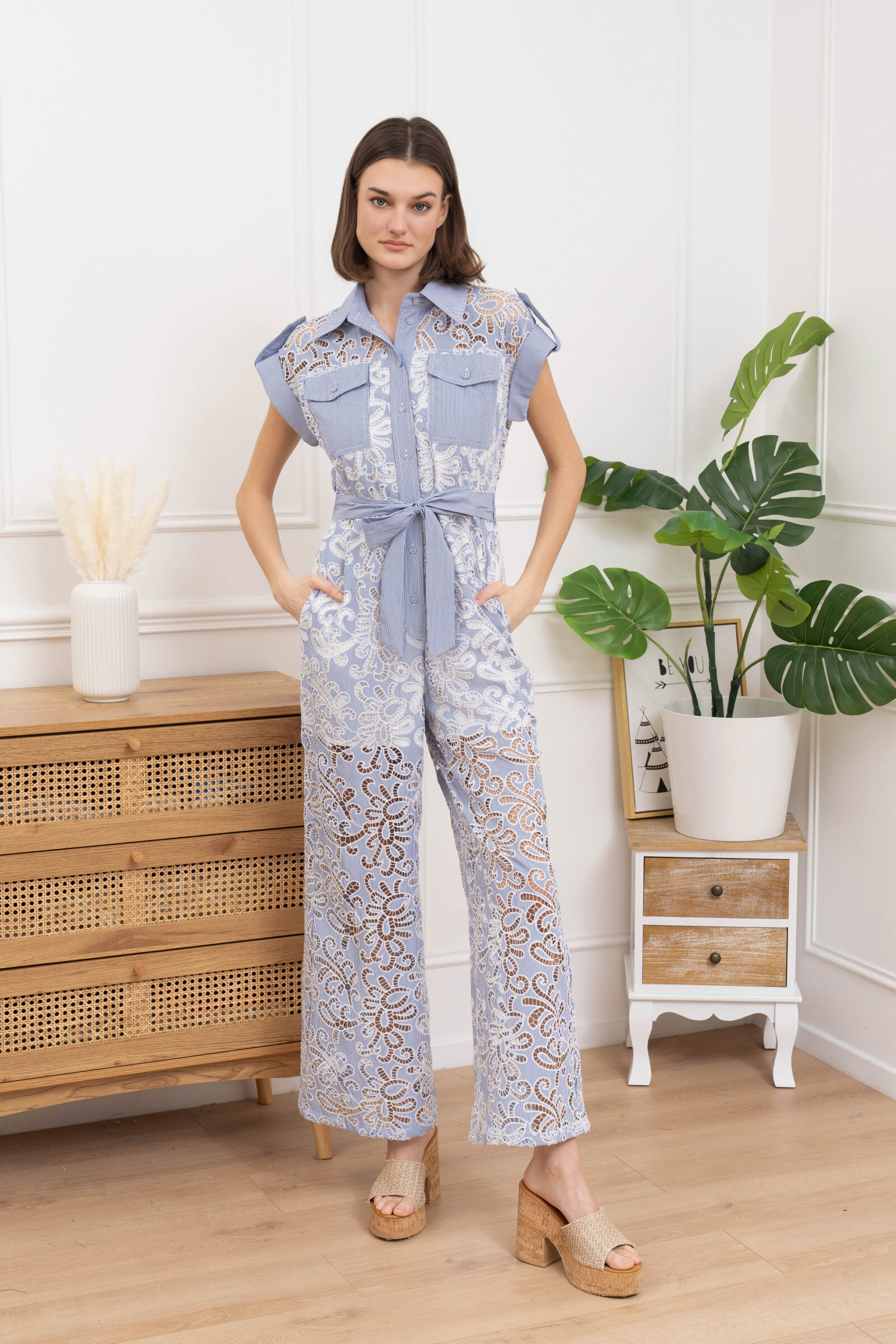 Wholesaler GD Golden Days - Combination of blue English embroidery pants with striped shirt panels