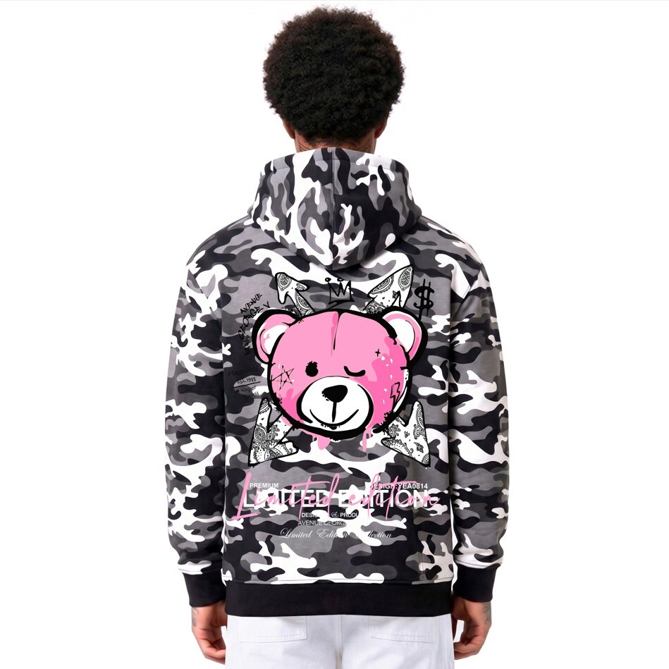 Grossiste Avenue George V - Sweat à capuche imprimé Ourson militaire Noir/Rose