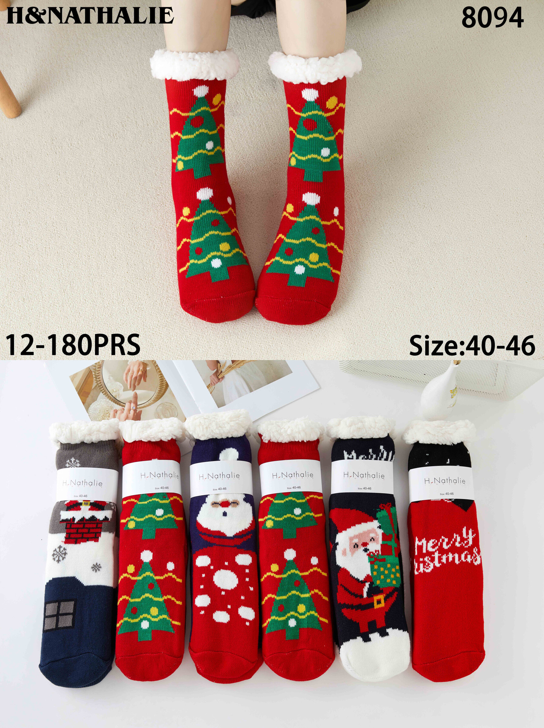 Wholesaler H&Nathalie - Christmas Pattern Plush Mid-High Socks for MEN