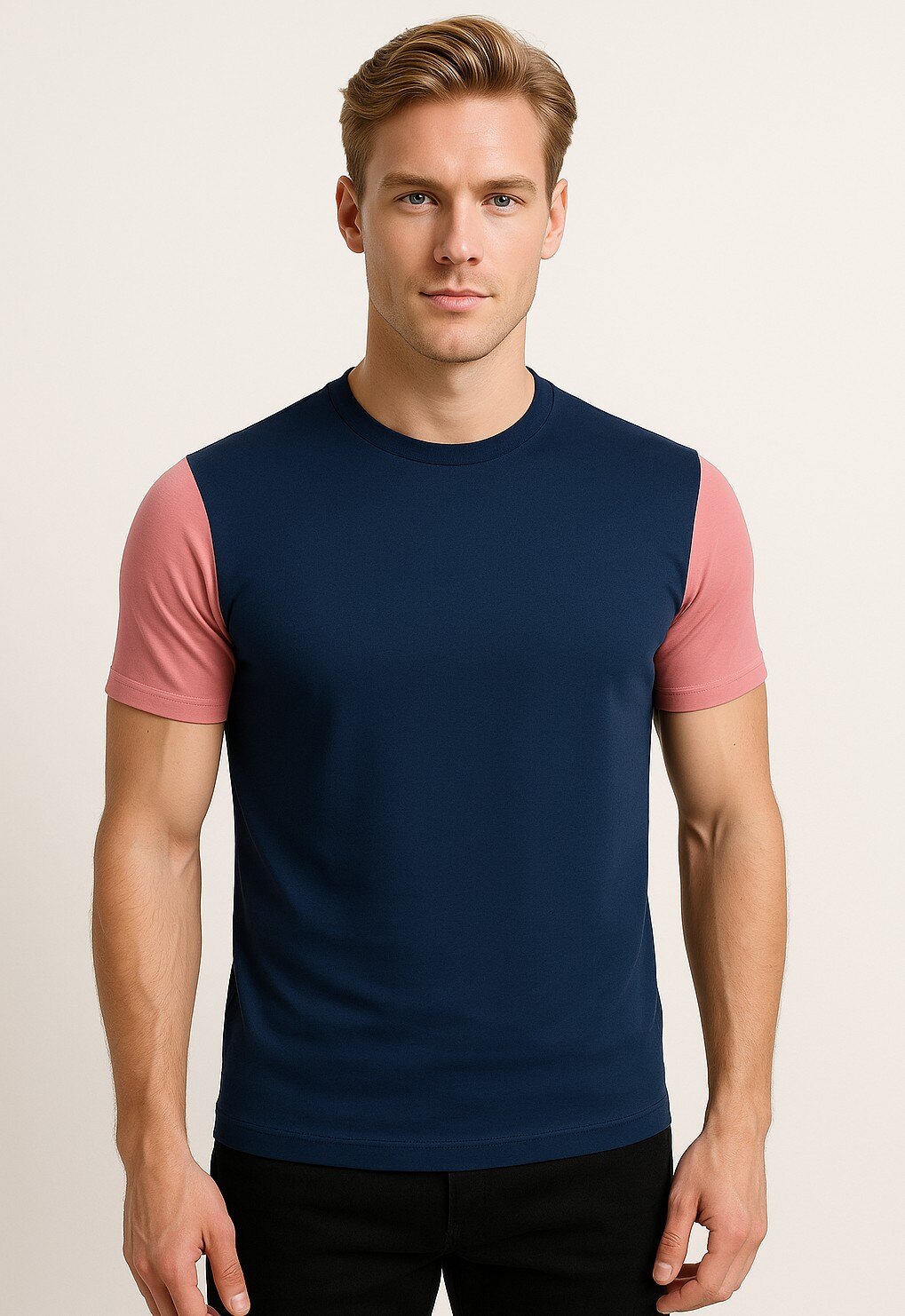 Wholesaler HB TEXTILE - Men's Two-Tone T-Shirt – Navy Blue & Pink Sleeves