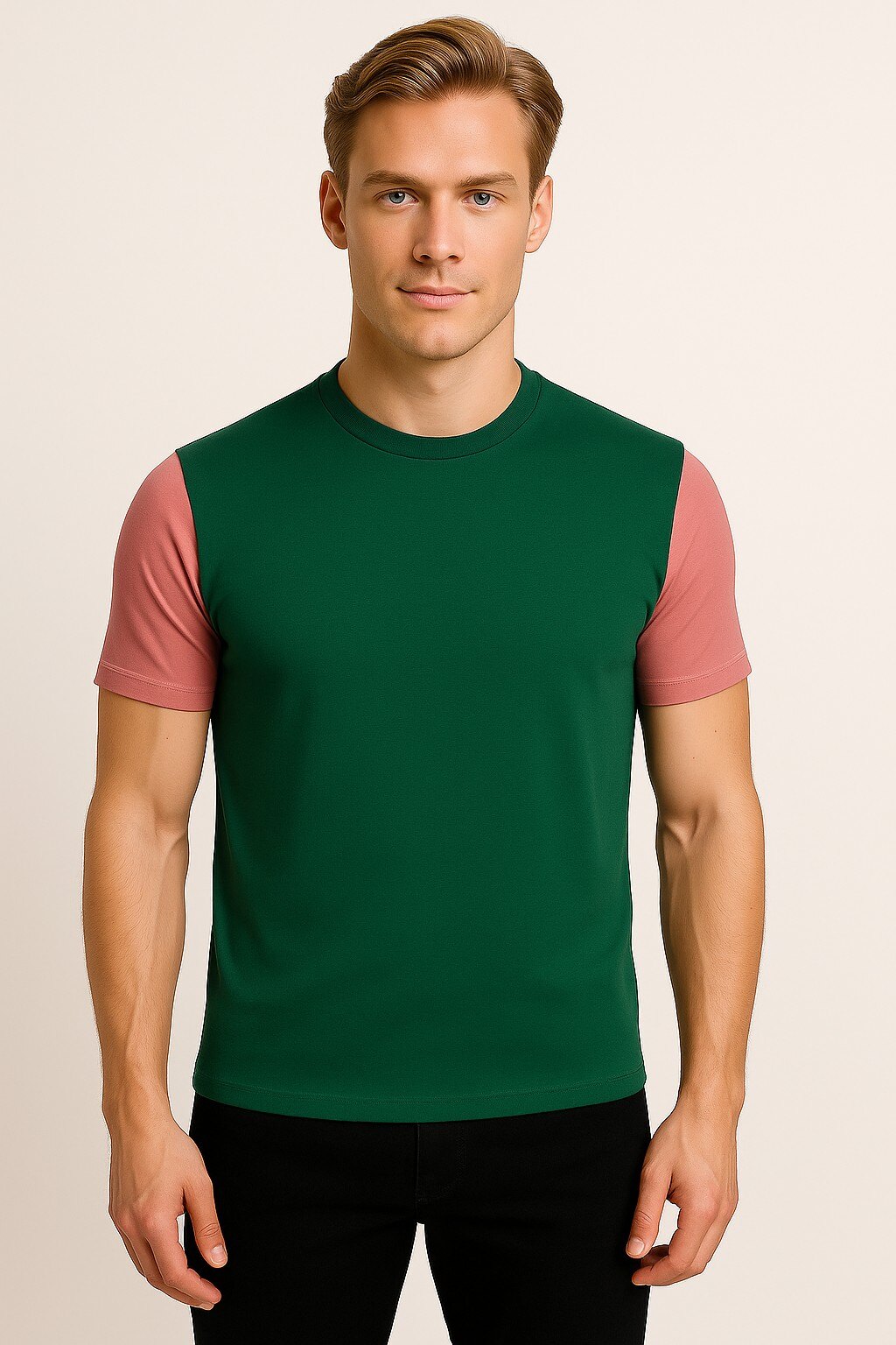 Wholesaler HB TEXTILE - Men's two-tone T-shirt – GREEN & pink sleeves