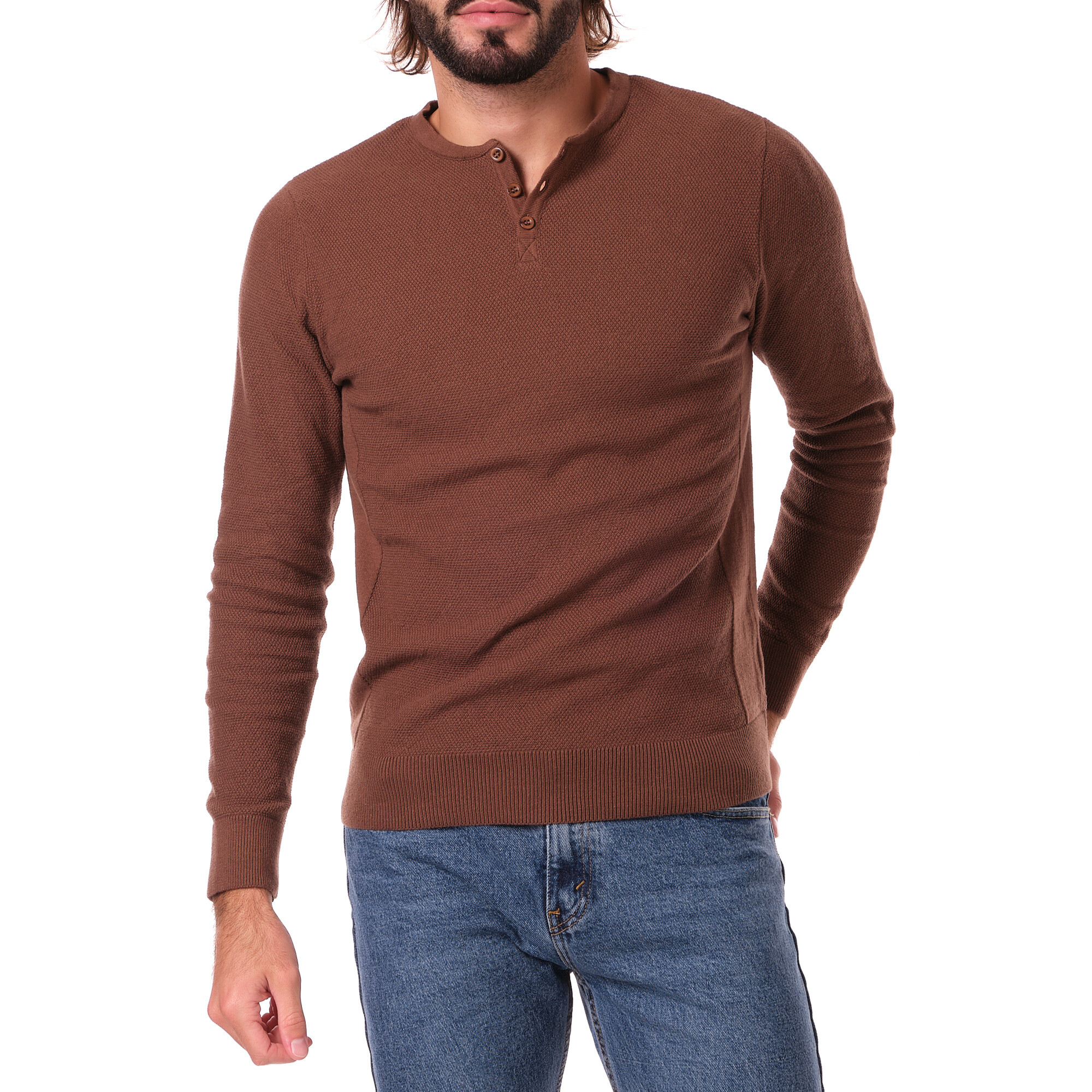 Grossiste Hopenlife - Pull col rond boutonné uni en coton à fine maille
