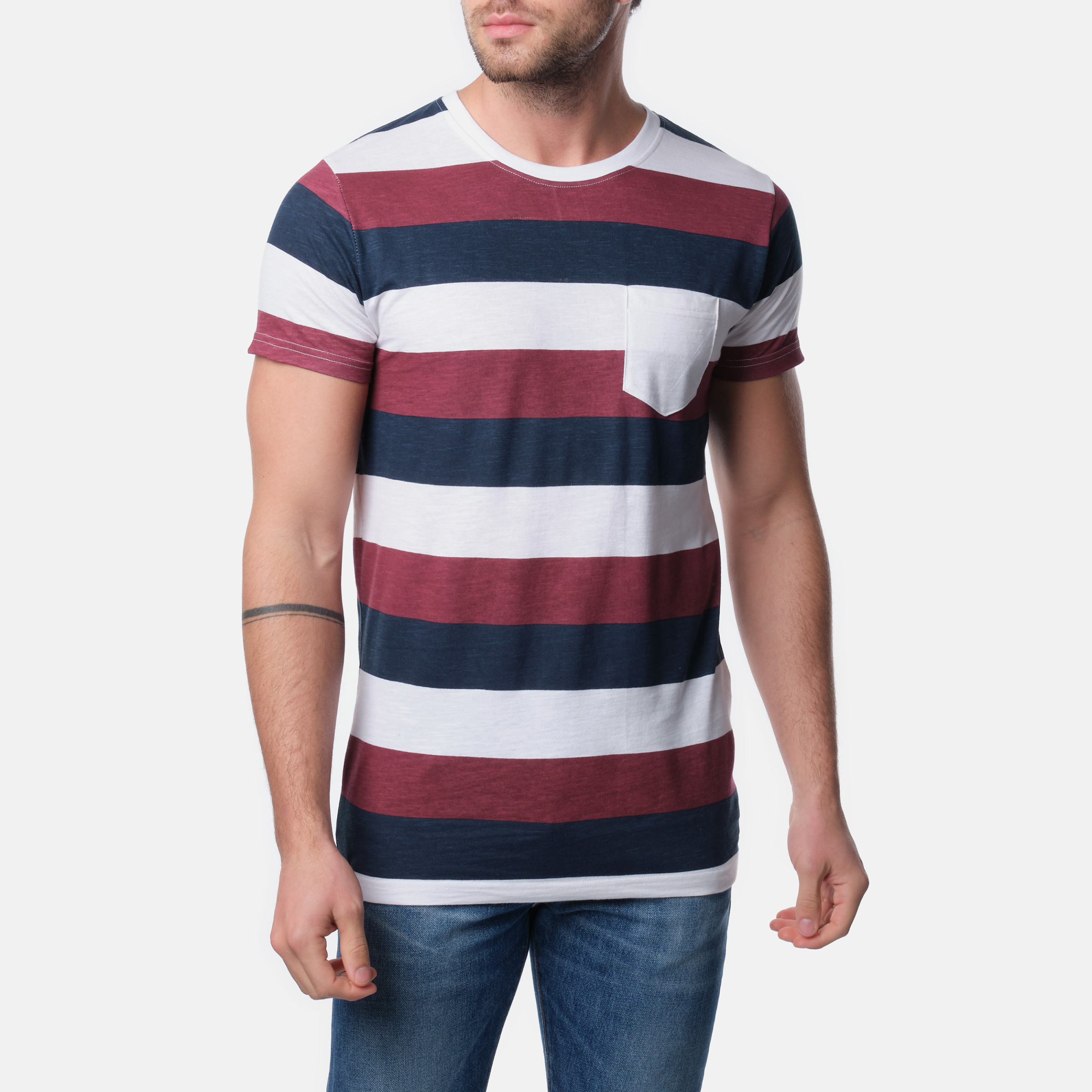 Grossista Hopenlife - T-shirt a righe bicolore con taschino sul petto