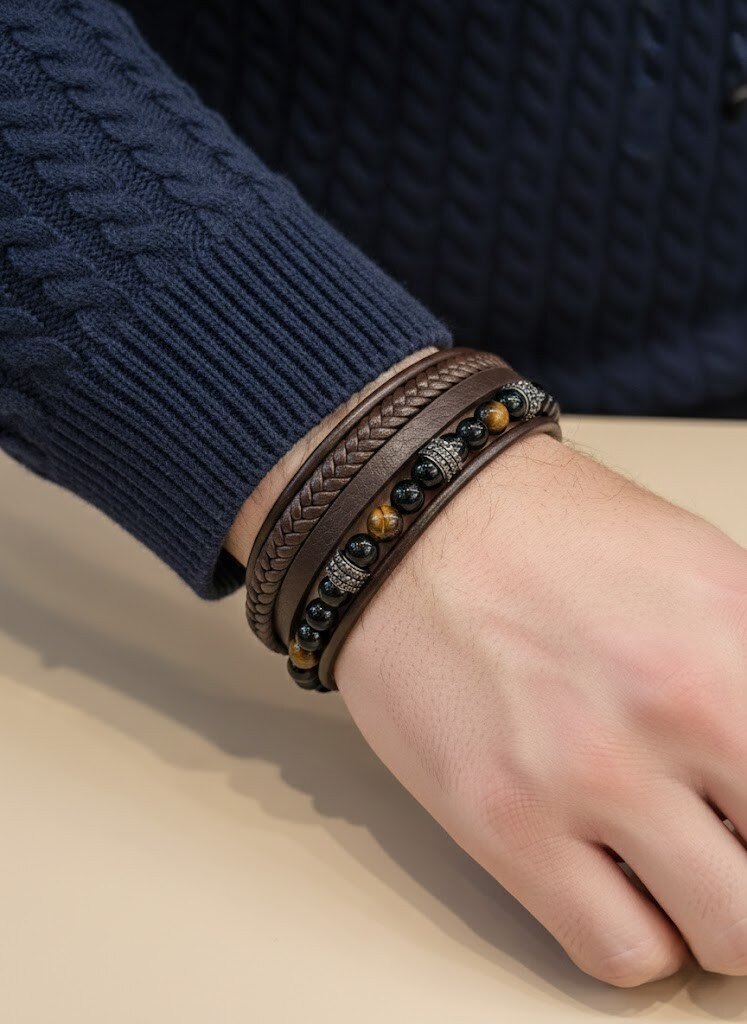 Mayorista I.L JOLI B - Pulsera de hombre de triple fila en acero inoxidable y cuero