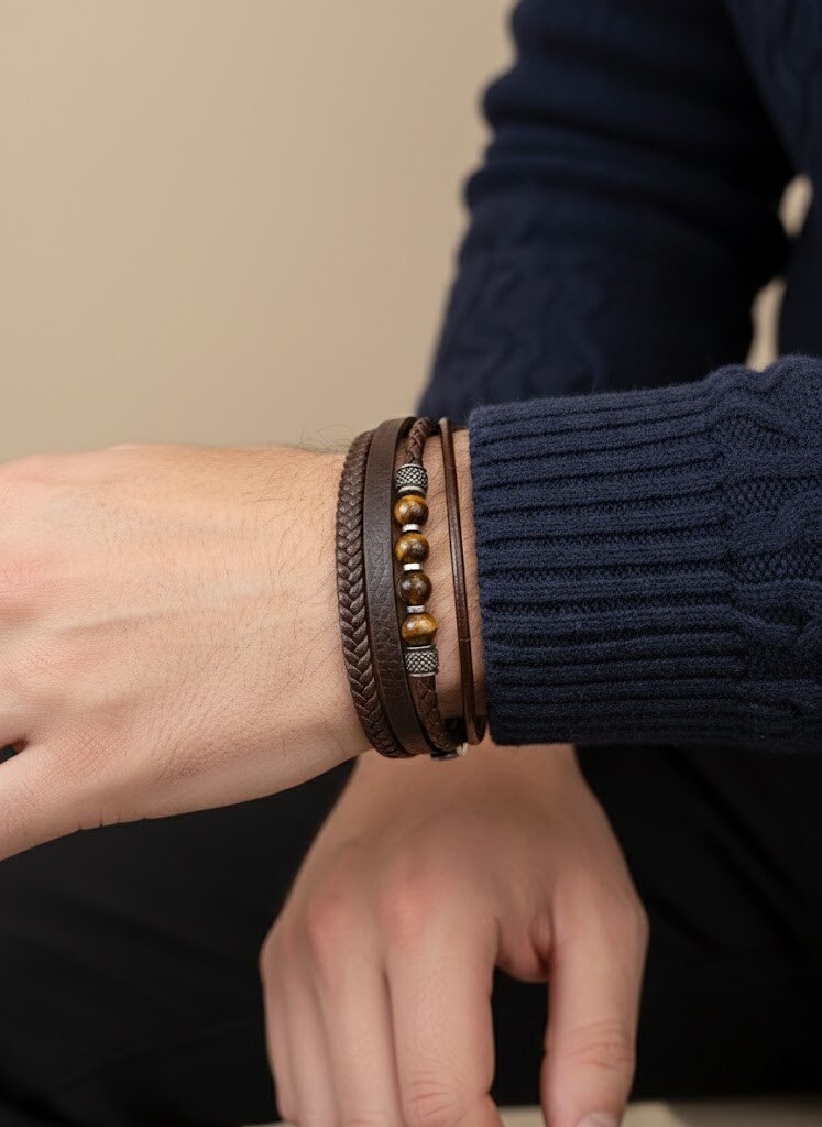 Mayorista I.L JOLI B - Pulsera para hombre de triple fila en acero inoxidable y cuero